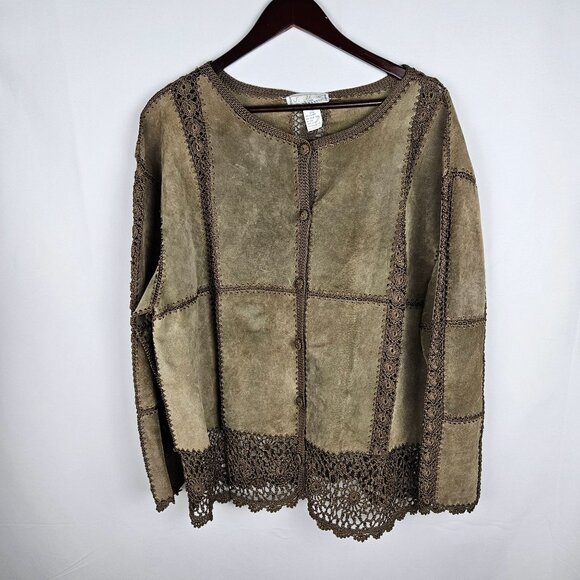 Vintage S.M.H. Leather Crochet Jacket Womens 2X Olive Boho - Picture 1 of 8